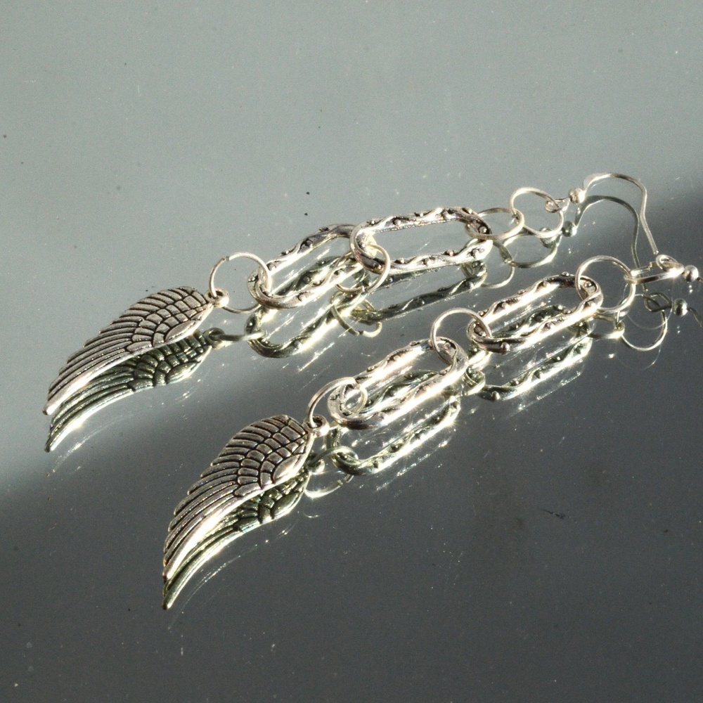 Long Silver Drop Earrings Angel Wings Handmade - Picture 3 of 4